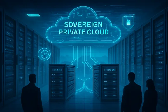 Neon “Sovereign Private Cloud” graphic over a server-room with glowing network lines and data icons.