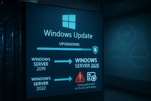 Windows Update upgrading from Windows Server 2019 to 2025 on a server display screen.