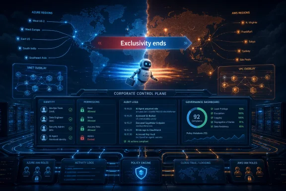 Futuristic cloud security dashboard maps Azure/AWS regions with AI agent visuals and compliance logs.