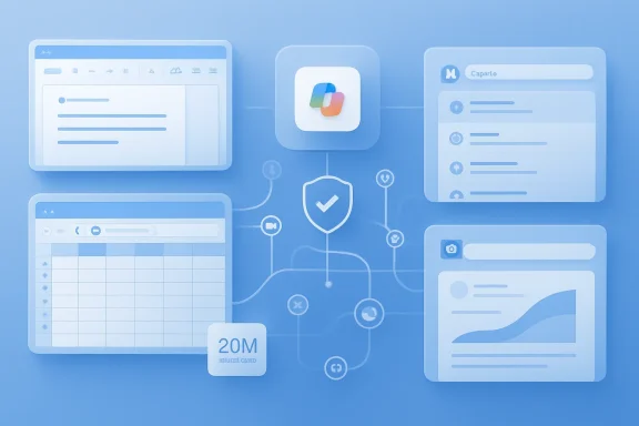 Blue network of connected apps and documents with a central shield checkmark, suggesting secure data flow.