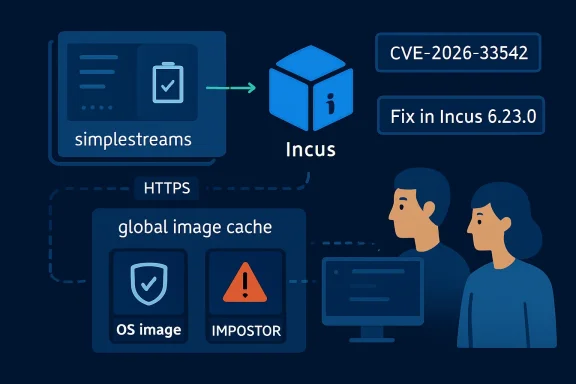 Illustration showing Simplestreams, Incus, and security warnings about a CVE fix in Incus 6.23.0.
