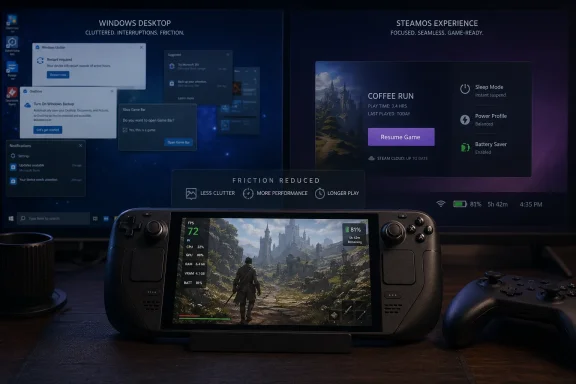 Windows and Steam UI overlap as a handheld gaming controller plays a fantasy game with performance stats.