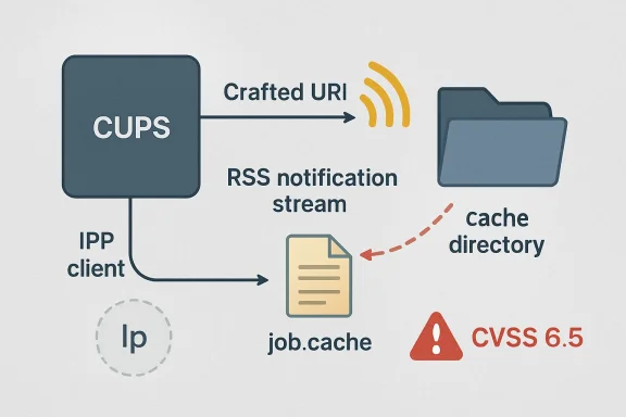 Diagram showing CUPS client sending crafted URI RSS updates to job.cache and cache directory, with CVSS 6.5 warning.