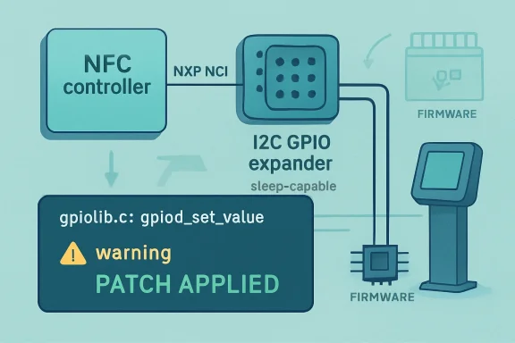 Illustration shows an NFC controller connected to an I2C GPIO expander with a firmware patch warning.