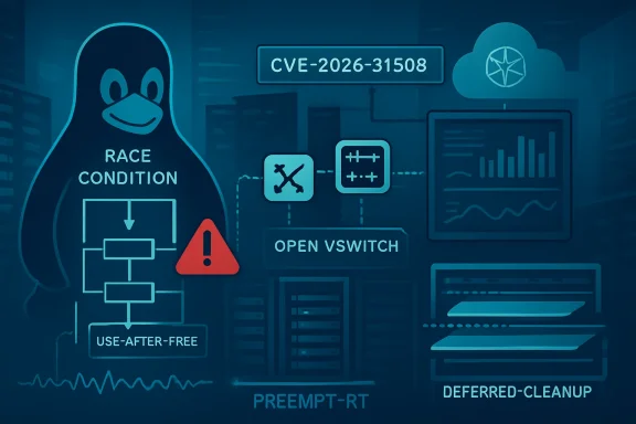 Cybersecurity concept graphic showing race condition and “OPEN VSWITCH” with server dashboards.