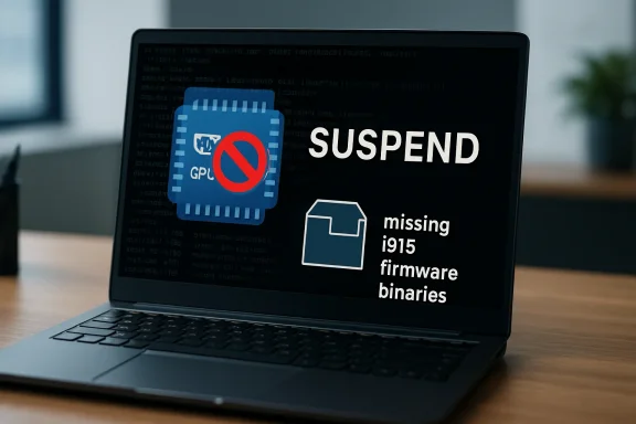 Laptop screen shows a “SUSPEND” warning indicating missing 1915 firmware binaries and disabled GPU.