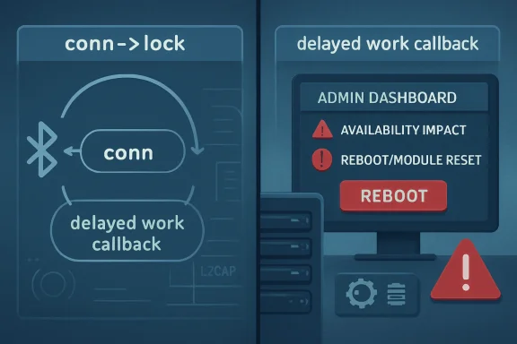 Diagram showing a connection lock with delayed work callback, and an admin dashboard warning to reboot/reset.