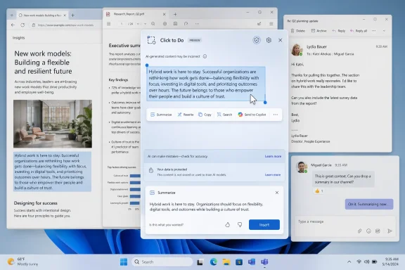 Screenshot of multiple productivity apps with an email thread and an AI “Click to Do” summarization popup.