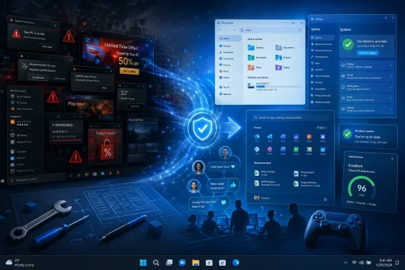 Glowing Windows desktop with open File Explorer and settings panels over a futuristic tech background.