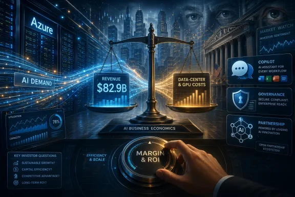Futuristic tech dashboard shows Azure AI analytics with scales balancing revenue $82.9B and data-center costs.