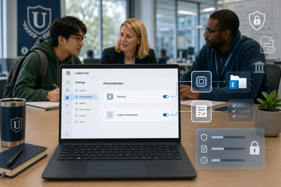 People collaborating in a modern office while viewing Copilot Chat personalization settings on a laptop.