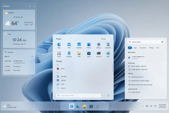 Windows 11 desktop with widgets and Start menu open over a blue swirl wallpaper.