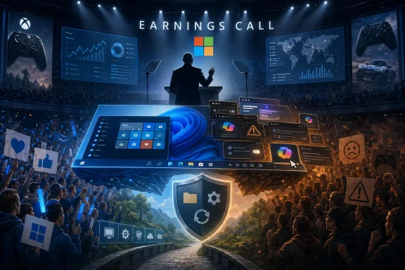 Gaming arena scene with “EARNINGS CALL” backdrop, data dashboards, and crowds cheering on both sides.
