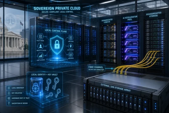 Futuristic server room with “Sovereign Private Cloud” security HUD graphics, GPU racks, and fiber-connected storage.