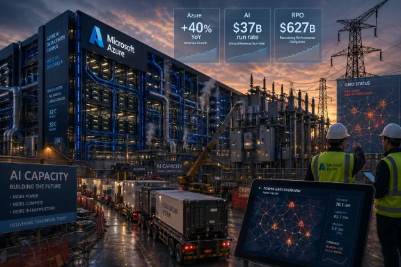 Microsoft Azure data center and power-grid control scene with engineers and analytics overlays at sunset.
