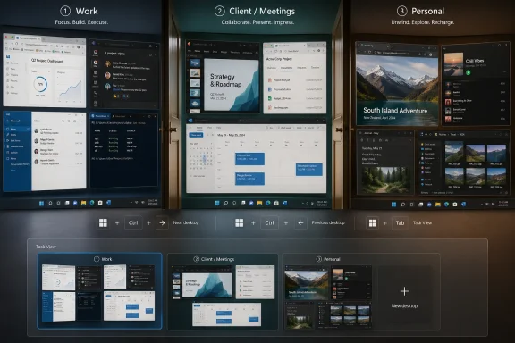 Multi-desktop interface showing Work, Client/Meetings, and Personal apps with virtual task view thumbnails.