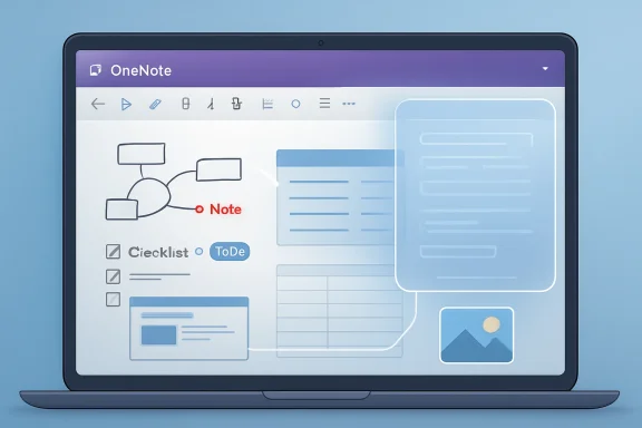 A laptop screen shows the OneNote app with notes, checklist, and a ToDo layout.