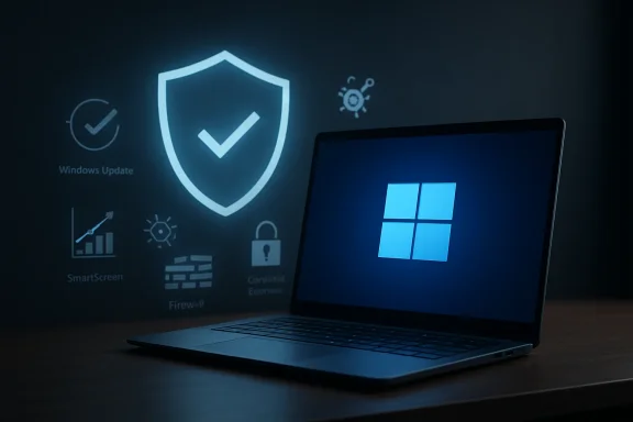 Laptop displays Windows with a shield and security icons, suggesting protected system updates.