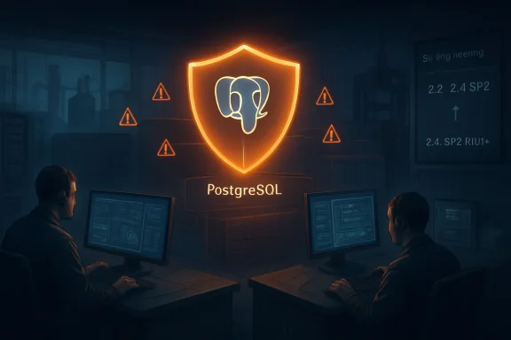 Glowing shield with a bullseye and PostgreSQL logo over two programmers in a dark office.