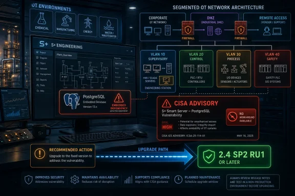 Cybersecurity dashboard in an industrial control room shows OT network segmentation, CISA advisory, and upgrade to 2.4 SP2.