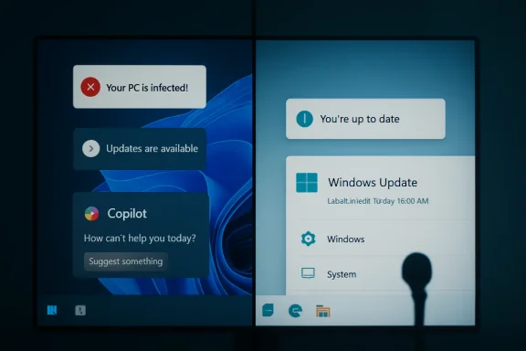 Split-screen shows Windows PC alerts: “Your PC is infected!” and “Windows Update: You’re up to date.”