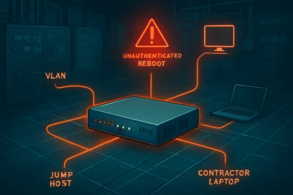 Futuristic network diagram shows a router with warnings for “unauthenticated reboot” and connected host and laptop.