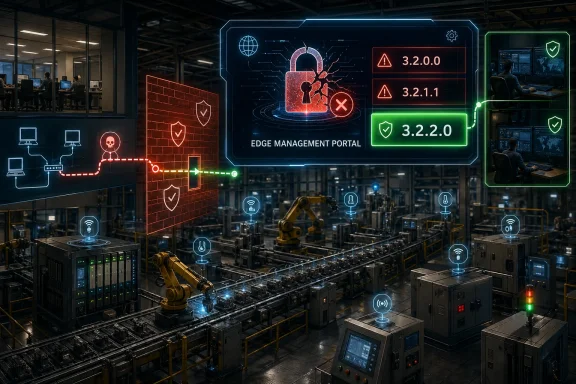Modern data center with robotic arms and holographic “Edge Management Portal” security alerts.