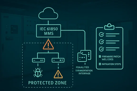 Neon diagram showing IEC 61850 MMS data flow with security alerts and protected zones.