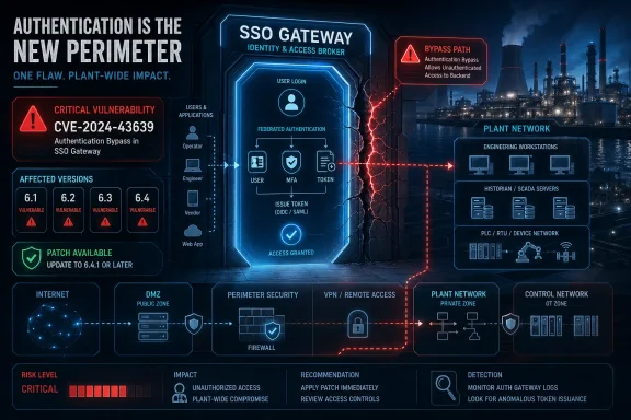 Cybersecurity poster showing an SSO gateway authentication bypass vulnerability in an industrial plant network.