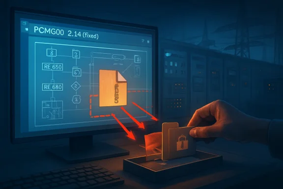 Engineer’s hand points at a monitor showing a PcmGoo file directory map with red arrows in a control room.