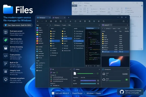 Windows “Files” open-source dual-pane file manager screenshot with panels, tags, and preview.