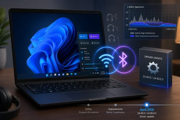 Laptop display shows Wi‑Fi/Bluetooth connectivity improvements and a driver update box with a spectrum graph.