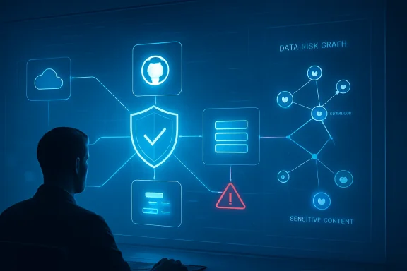 Person viewing a digital data-flow risk graph with shield, warning icon, and sensitive content indicators.
