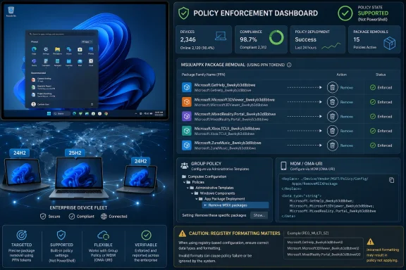 Policy Enforcement Dashboard shows Windows device compliance and successful MSIX/app package removals.