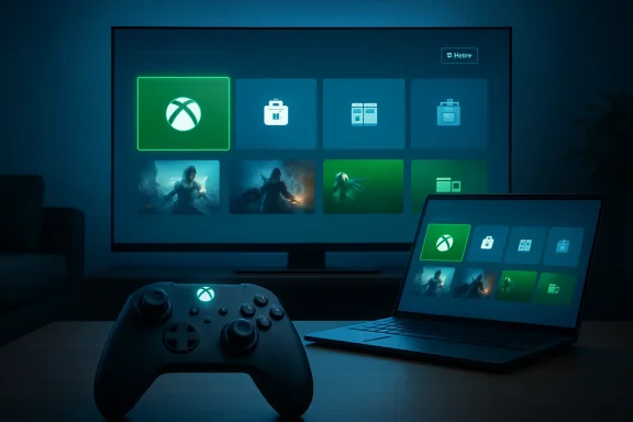 Gaming setup with controller, laptop, and neon UI icons for console settings and game selection.