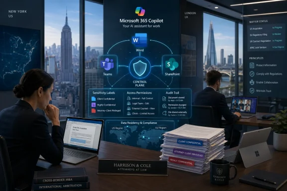 Office meeting with Microsoft 365 Copilot compliance diagram linking Word, Teams, and SharePoint across regions.