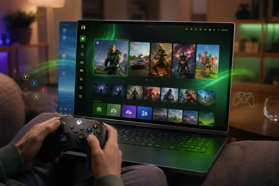 Person playing on a laptop with a controller, showing a game library and glowing UI on screen.