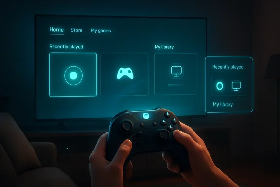 Person holding a game controller in front of a TV showing a neon “My library” gaming menu.