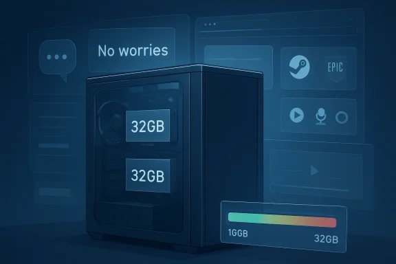 Futuristic storage device with “No worries” messaging showing 32GB capacities and a 1GB progress bar.