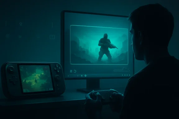 A gamer in a dark room watches a tactical soldier video on a large monitor, glowing in teal.