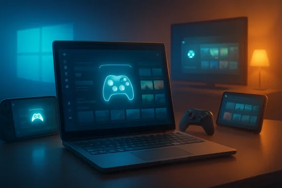 Laptop with neon controller icons and gaming screens glow on a desk beside a tablet and lamp.