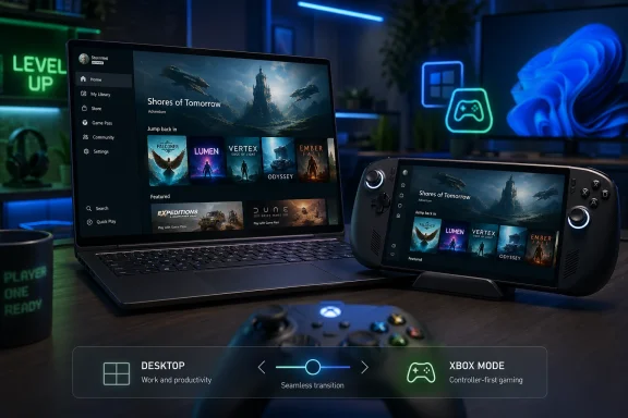 A gaming laptop and handheld console display Xbox Mode in a neon-lit setup.