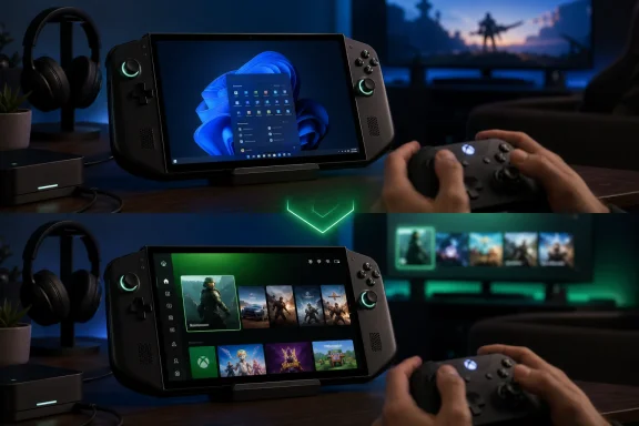 Dual-screen gaming setup with handheld controller, Windows on the tablet, and a green glowing V logo.