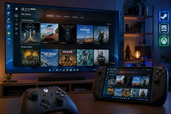 A gaming PC screen shows a game library while two controllers sit on a desk.