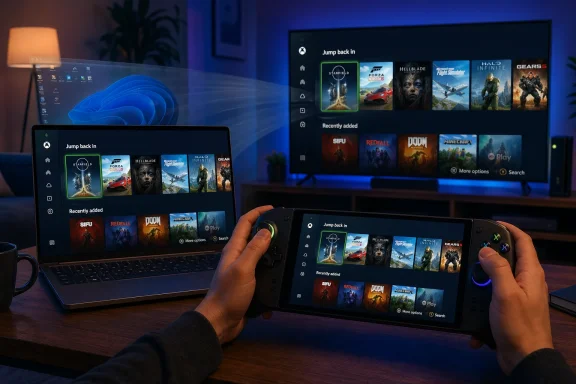 Hands using game controllers to browse Xbox “Jump back in” game tiles on laptops and a TV.