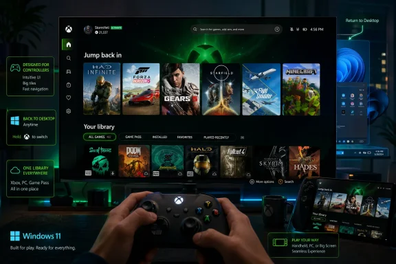 Gaming app interface on a monitor with Xbox controller in hand, showing a game library and shortcuts.
