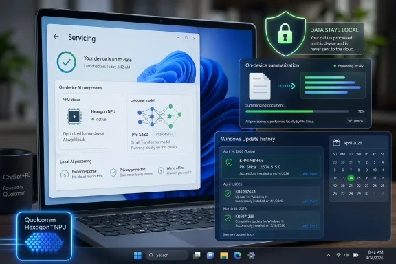 Laptop screen shows Windows servicing and local AI processing, featuring Qualcomm Hexagon NPU and update history.