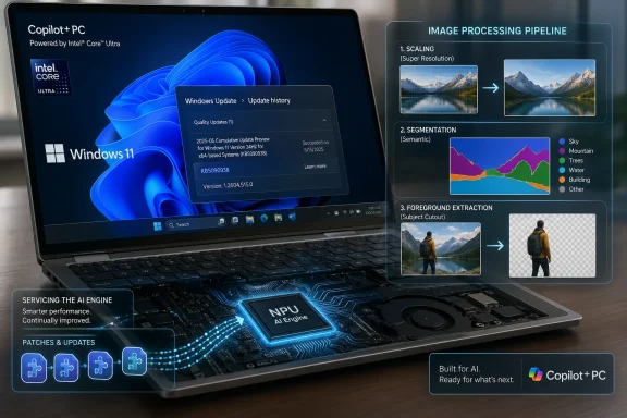 Laptop display shows Windows 11 Copilot+ PC with an AI image-processing pipeline and update/segmentation visuals.
