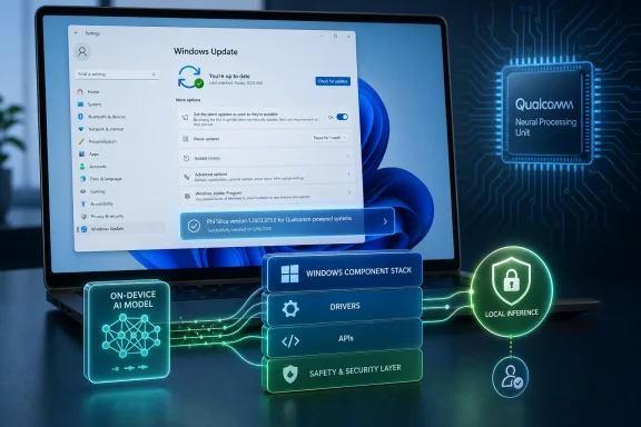 Windows Update screen on a laptop with AI module and security interface graphics around it.