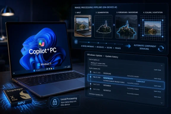 A laptop with “Copilot+ PC” and an on-device AI image-processing pipeline overlay on a secure Windows UI.